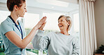 Physiotherapist, woman and laugh in office with high five, recovery goals and complete injury treatment. Physical therapist, happy mature person and celebration with rehab success, wellness and help.