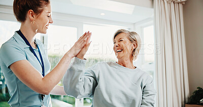 Buy stock photo Physiotherapist, woman and laugh in office with high five, recovery goals and complete injury treatment. Physical therapist, happy mature person and celebration with rehab success, wellness and help.