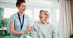 Physio, woman and laugh in office with support, medical assistance or funny joke for injury treatment. Happy, mature person and healthcare worker with humor, rehabilitation and physical therapy help.