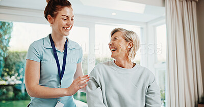 Buy stock photo Physio, woman and laugh in office with support, medical assistance or funny joke for injury treatment. Happy, mature person and healthcare worker with humor, rehabilitation and physical therapy help.
