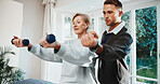 Support, weights and senior woman for physiotherapy, rehabilitation and mobility for arthritis. Healthcare, physical therapist and patient with dumbbells for arm exercise, healing and muscle strength