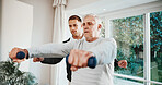 Weights, consulting and senior man for physiotherapy, rehabilitation and mobility for arthritis. Healthcare, physical therapist and patient with dumbbells for exercise, recovery and muscle strength