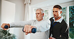 Support, dumbbells and senior man for physiotherapy, rehabilitation and mobility for arthritis. Healthcare, physical therapist and patient with weights for exercise, recovery and muscle strength