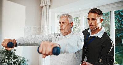 Buy stock photo Support, dumbbells and senior man for physiotherapy, rehabilitation and mobility for arthritis. Healthcare, physical therapist and patient with weights for exercise, recovery and muscle strength