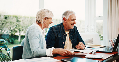 Buy stock photo Paperwork, finance and senior couple on laptop for budget planning, digital payment or mortgage. Marriage, retirement and happy man with woman with savings, financial report or online banking in home