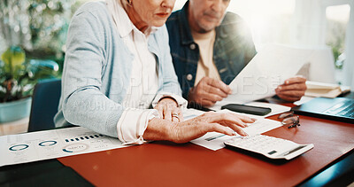 Buy stock photo Paperwork, finance and senior couple with calculator for budget planning, payment and taxes. Home, retirement and man with woman with savings, financial report and check expenses for pension fund