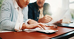 Hands, finance and senior couple with calculator for budget planning, payment and taxes. Marriage, retirement home and man with woman with savings, financial report or check expenses for pension fund