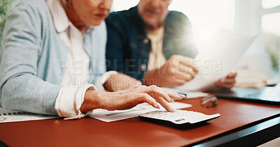 Buy stock photo Hands, finance and senior couple with calculator for budget planning, payment and taxes. Marriage, retirement home and man with woman with savings, financial report or check expenses for pension fund