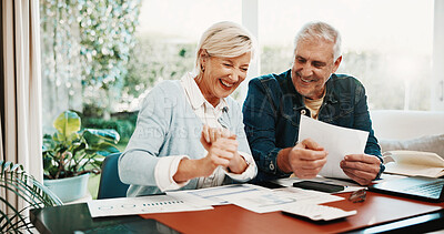 Buy stock photo Laugh, finance and senior couple with paperwork for budget planning, mortgage payment and taxes. Marriage, retirement and happy man with woman with savings, financial report or bills for pension fund