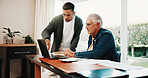Man, help and senior dad with laptop in house for finance loan, pension application and retirement. Adult son, father and tech for paperwork, insurance contract and investment of budget planning