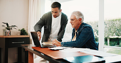 Buy stock photo Man, help and senior dad with laptop in house for finance loan, pension application and retirement. Adult son, father and tech for paperwork, insurance contract and investment of budget planning