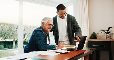 Buy stock photo Man, help and senior dad with laptop in home for finance loan, pension application and retirement. Adult son, happy father and tech for paperwork, insurance contract and investment of budget planning