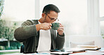 Coffee break, remote work and man done in house for account manager, client portfolio and tasks. Admin, beverage and networking with person in home office for planning, problem solving or idea