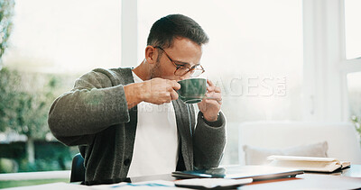 Buy stock photo Coffee break, remote work and man done in house for account manager, client portfolio and tasks. Admin, beverage and networking with person in home office for planning, problem solving or idea
