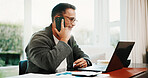 Phone call, remote work and man with laptop in house for account manager, client portfolio and research. Admin, communication and networking with person in home office for planning or problem solving
