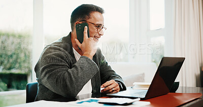 Buy stock photo Phone call, remote work and man with laptop in house for account manager, client portfolio and research. Admin, communication and networking with person in home office for planning or problem solving