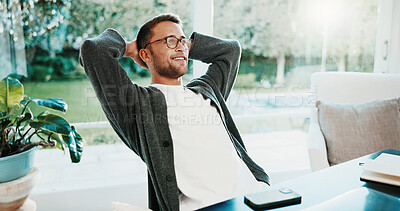 Buy stock photo Stretching, smile and man in home for remote work with satisfaction, break and done with tasks. Freelancer, business and person with relax, rest and happy for project deadline, freedom and finish