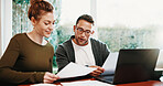 Couple, laptop or discussion with documents for finance, investment or audit together in home. Happy man, woman or invoice with computer or paperwork for financial planning, budget or bills in house