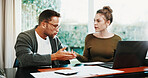 Finance, documents and frustrated couple with laptop on sofa for debt, bankruptcy or missed payments in home. Man, woman or paperwork with argument for financial crisis, bills or expenses at house