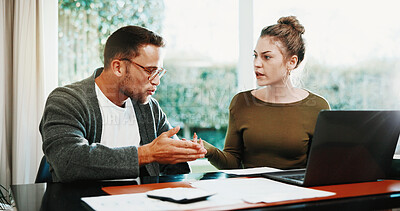 Buy stock photo Finance, documents and frustrated couple with laptop on sofa for debt, bankruptcy or missed payments in home. Man, woman or paperwork with argument for financial crisis, bills or expenses at house