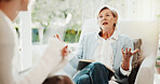 Woman, therapist and talking in office for counseling, assessment and advice for mental health. Life coach, explain and notebook in workplace for therapy session, evaluation and rehabilitation report