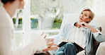 Therapy, psychologist and woman in consultation, listening or writing notes for mental health evaluation. Counseling session, patient and talk with person for assessment, notebook and help in office