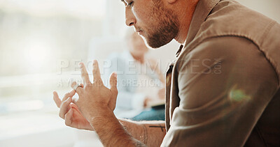 Buy stock photo Thinking, man and wedding ring in office for counseling, vision or divorce for mental health. Thoughts, male person or regret in therapy session for toxic marriage, overthinking and past relationship
