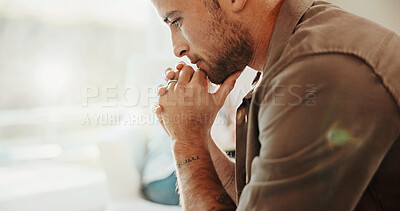 Buy stock photo Thinking, man and stress in office for counseling, mental health or vision with emotional regret. Thoughts, male person and nervous with space for therapy session, self reflection and personal growth