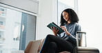 Travel, tablet and business woman with luggage for flight departure or schedule in lounge. Female person, traveler or planning commute with digital tech, app and hospitality enquiries in airport