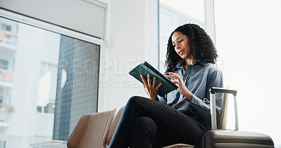 Buy stock photo Travel, tablet and business woman with luggage for flight departure or schedule in lounge. Female person, traveler or planning commute with digital tech, app and hospitality enquiries in airport