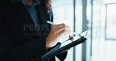 Buy stock photo Stylus, hands and tablet with business woman in office for account review, stock holdings and research. Portfolio index, asset management and planning with employee in agency for online investment