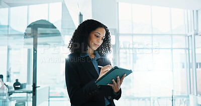 Buy stock photo Stylus, research and tablet with business woman in office for account review, stock holdings and reading. Portfolio index, asset management and planning with employee in agency for online investment