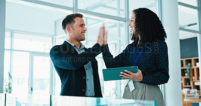 Buy stock photo High five, teamwork and business people in office with achievement, goal or good news on finance report. Happy, collaboration and group of financial advisors with celebration for investment revenue.