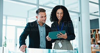 Buy stock photo Tablet, discussion and business people in office with feedback for finance report with revenue plan. Digital technology, happy and financial advisor with investor for review with investment growth.