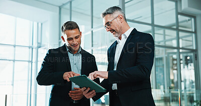 Buy stock photo Tablet, discussion and business men in office with feedback for finance report with revenue plan. Digital technology, happy and financial advisor with investor for review with investment growth.