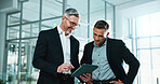 Tablet, discussion and business men in office with research for finance report with revenue plan. Digital technology, happy and financial advisor with investor for review with investment growth.