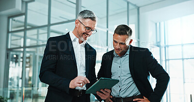 Buy stock photo Tablet, discussion and business men in office with research for finance report with revenue plan. Digital technology, happy and financial advisor with investor for review with investment growth.