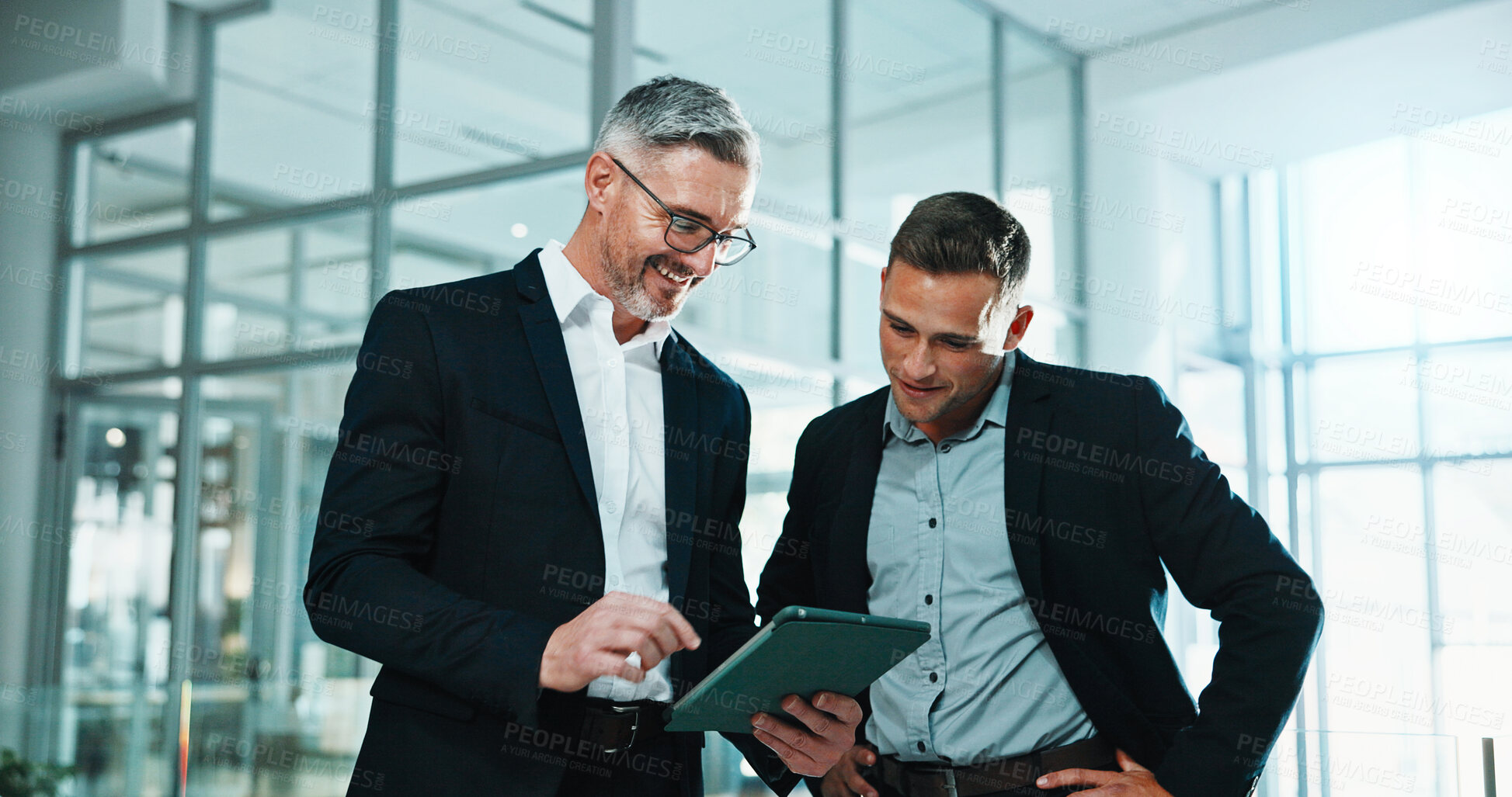 Buy stock photo Tablet, discussion and business men in office with research for finance report with revenue plan. Digital technology, happy and financial advisor with investor for review with investment growth.