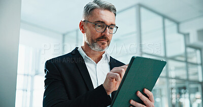 Buy stock photo Scroll, reading and tablet with business man in office for account review, stock holdings and research. Portfolio index, asset management and planning with mature employee for online investment