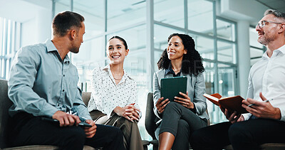 Buy stock photo Happy, meeting and discussion with business people in office for company proposal, help or advice. Employees, colleagues or group with smile, tablet or book for project planning or sharing ideas