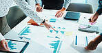 Business, hands and pointing with documents for analytics, performance meeting or review in office. People, employees or analyst with team, graph or chart for data analysis or revenue in workplace