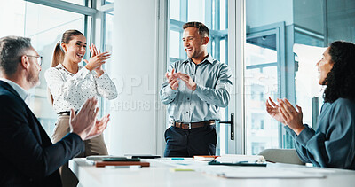 Buy stock photo Applause, meeting and business people in office with presentation on finance report with budget plan. Happy, clapping and team of financial advisors with positive feedback on investment revenue.