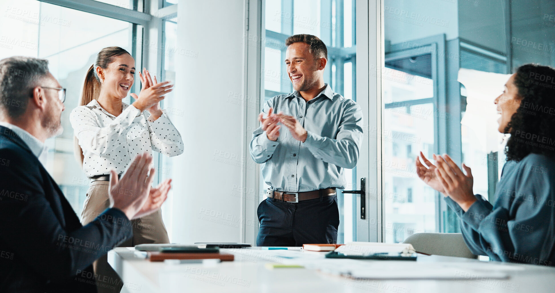 Buy stock photo Applause, meeting and business people in office with presentation on finance report with budget plan. Happy, clapping and team of financial advisors with positive feedback on investment revenue.