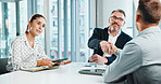 Business, meeting and interview with handshake in office for job opportunity, onboarding or hiring. Businessman, woman or shaking hands with candidate for career or recruitment process in workplace