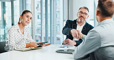 Buy stock photo Business, meeting and interview with handshake in office for job opportunity, onboarding or hiring. Businessman, woman or shaking hands with candidate for career or recruitment process in workplace