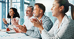 Happy, success or business people with applause for meeting, winning or presentation. Excited group, employees or clapping with team, smile or cheering for congratulations or promotion in workplace