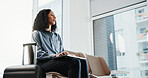 Airport, woman and waiting for business trip, communication or email for travel plans research. Laptop, employee and person with luggage for journey, networking and thinking for flight in lounge