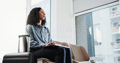 Buy stock photo Airport, woman and waiting for business trip, laptop or communication for travel plans research. Email, employee and person with luggage for journey, networking and thinking for flight in lounge