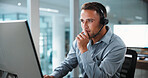 Headset, man and call center agent in office with help desk, crm or online consultation. Mic, talking and technical support consultant on computer for voip, customer service or contact in workplace.