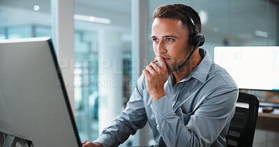 Buy stock photo Headset, man and call center agent in office with help desk, crm or online consultation. Mic, talking and technical support consultant on computer for voip, customer service or contact in workplace.
